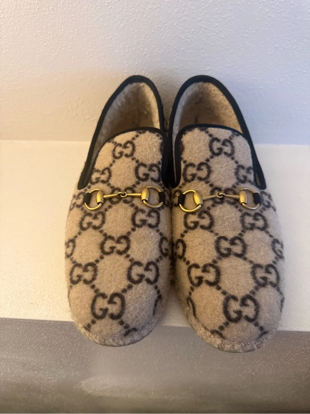 Gucci Beige & Black GG Wool Horsebit Slip-On Loafers